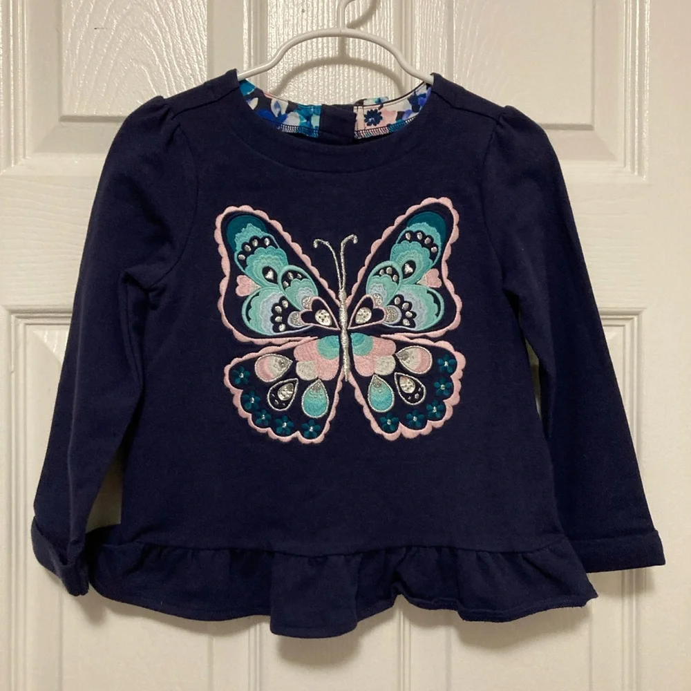 *Gymboree New Navy Blue Embroidered Butterfly Kids Long Sleeve Size 3T Top #X